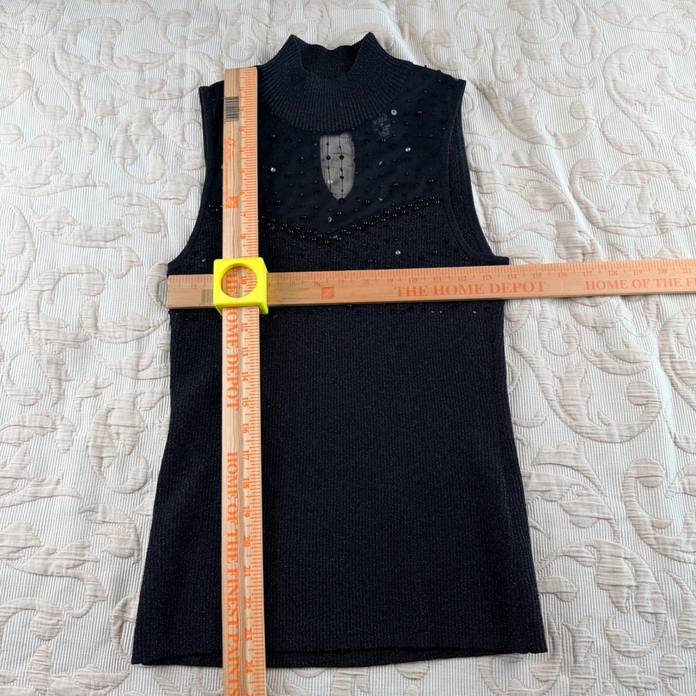 Cable & Gauge Womens Black Metallic Knit Mock Neck Sequin Mesh Top Medium - Picture 6 of 6
